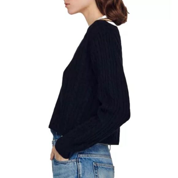 Sandro Contrast Stripe Cashmere Blend Cable Knit Sweater - Picture 3 of 9